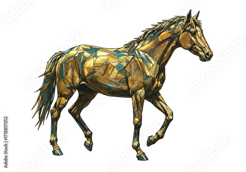 Dynamic geometric faceted horse sculpture shimmering gold and teal polygons walking gracefully.