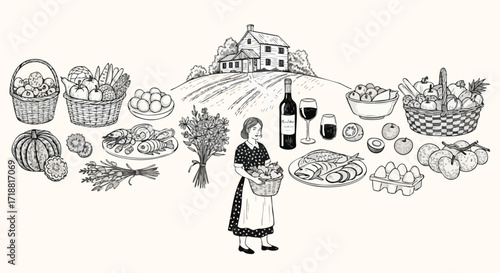 Charming harvest bounty surrounds a woman holding fresh produce, with a rustic farm scene and abundant food elements