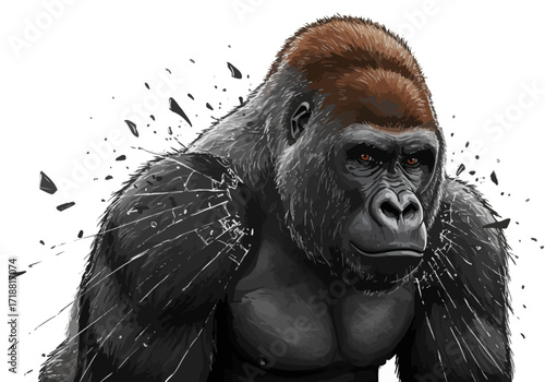 Powerful Gorilla Portrait with Shattered Glass Effect Intense Gaze.