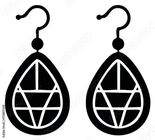 Pair of teardrop earrings with geometric pattern black silhouette icon
