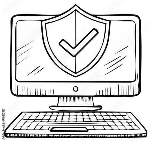 Doodle illustration of a protected desktop computer with a security shield and checkmark on screen.