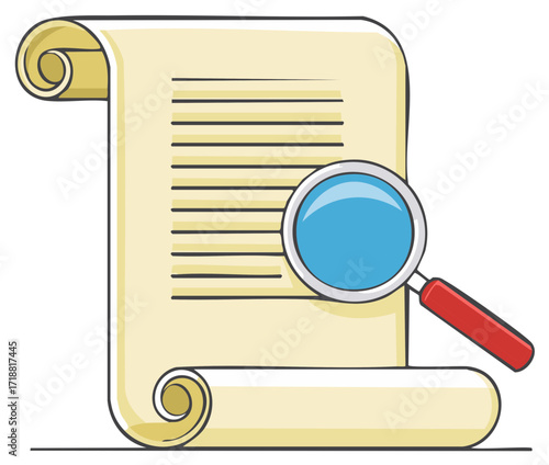 Magnifying glass over scroll document cartoon illustration, inspection and exploration theme