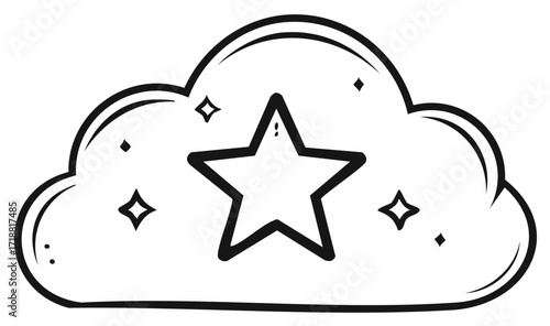 Whimsical dreaming cloud with a glowing star and tiny shimmers inside magical concept