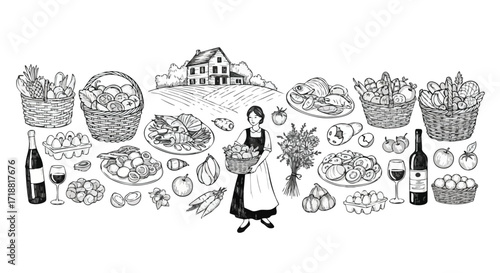 Abundant harvest bounty displayed with farm house, fresh produce baskets, seafood, eggs, wine, and flowers celebrating natural goodness