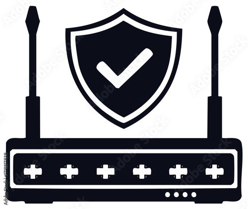 Secure network router icon with shield and checkmark symbol