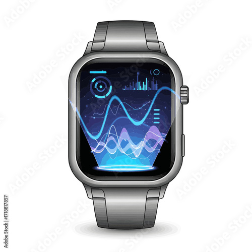 Modern smartwatch displaying futuristic digital data visualization with glowing wave patterns