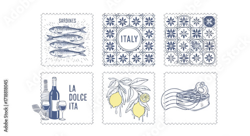 Charming Italian themed stamps feature sardines, lemons, wine, and tile patterns evoking travel and culinary delight