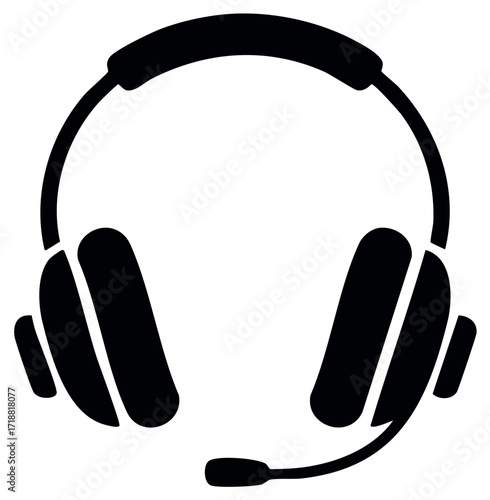 Gaming headset with microphone black silhouette icon. Vector illustration for customer service or podcasting.