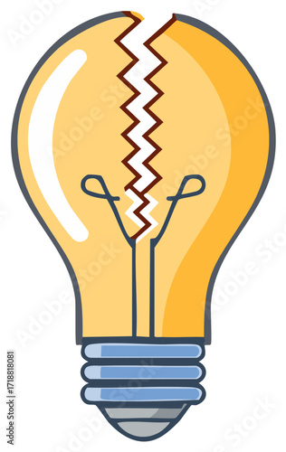 Cracked light bulb cartoon illustration, concept of idea failure.