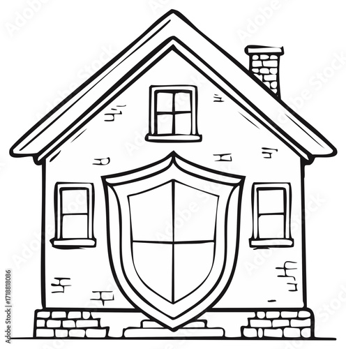 Line art house with shield representing home insurance and protection services