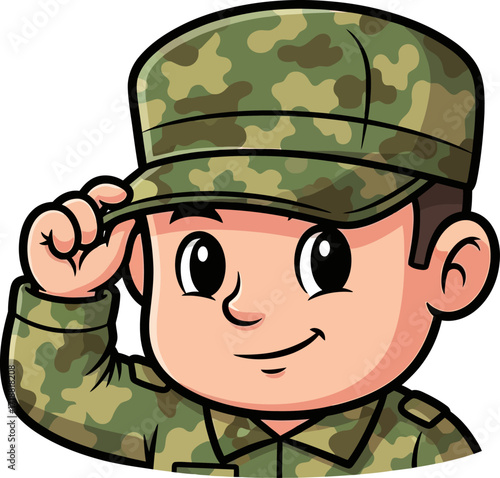 a young soldiers resolute smile a charming cartoon illustration, isolated on transparent background