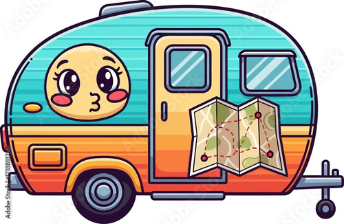 adorable campervan cartoon whimsical road trip adventure, isolated on transparent background