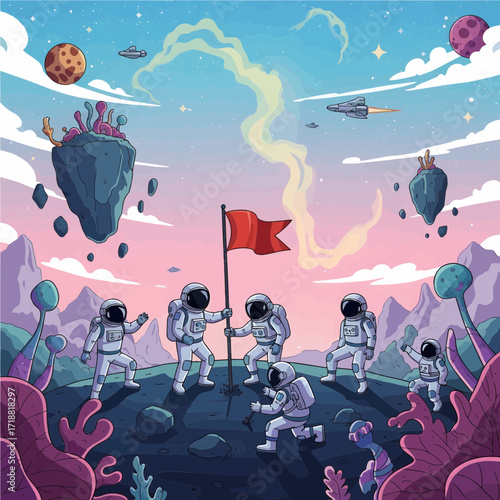 Space Explorers A Team of Astronauts Planting a Flag on an Alien Planet Surface