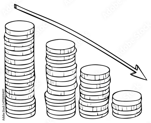 Financial decline or decrease concept with decreasing coin stacks and a downward arrow.