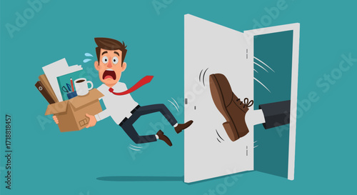 Shocked businessman being kicked out of the office with his belongings