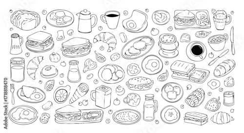 Delicious breakfast and brunch doodle set with sandwiches, eggs, croissants, and drinks for a charming and appetizing design, making mornings brighter
