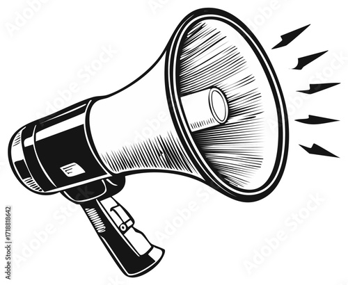 Retro Black and White Megaphone with Sound Waves Illustration