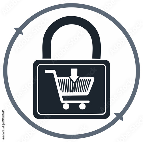 Secure Online Shopping Padlock Symbol with Arrow Pointing to Shopping Cart Security Icon