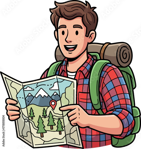 adventurers joyful expedition planning a hiking trip, isolated on transparent background