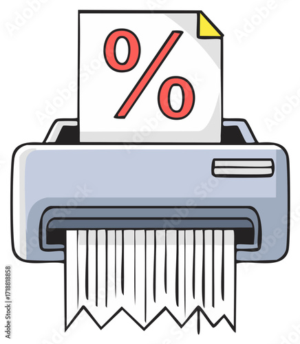 Cartoon illustration of a paper shredder destroying a document with percentage symbol
