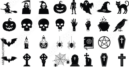 Spooky Halloween icons featuring witches, ghosts, pumpkins, and bats