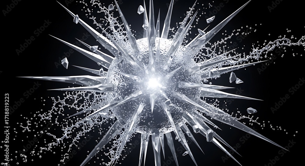 Obraz premium Stunning crystal explosion with dynamic water splashes and sharp ice shards shattering outwards against a dark background, creating a dramatic and abstract visual spectacle