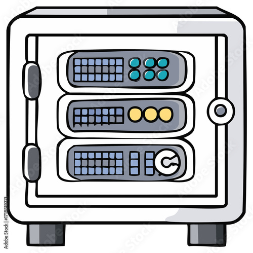 Depiction of a metallic safe with three separate secured compartments and rounded corners