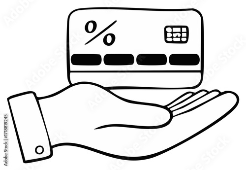 Hand holding a credit card with percent symbol for discounts or interest rates