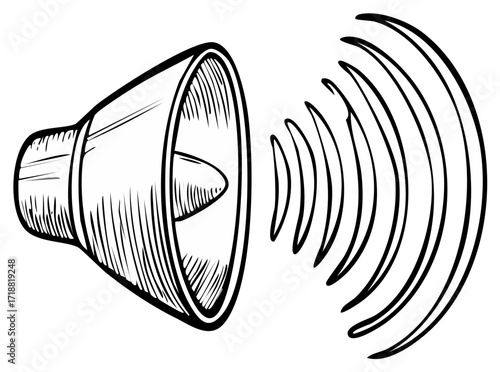 Loudspeaker emitting sound waves in a black and white hand drawn sketch style