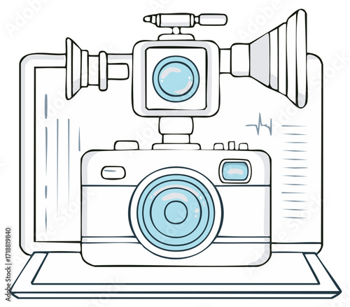 Doodle Illustration of Camera, Film Equipment, and Computer Screen Technology