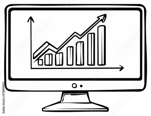 Computer monitor displaying a black and white hand-drawn bar and line graph with an upward trend