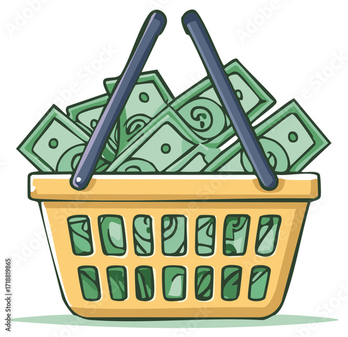Overflowing basket cartoon showcases abundance of green paper money symbolizing wealth and financial success in a stylized manner
