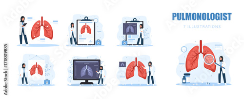 Pulmonologist concept. Tuberculosis, pneumonia, lung cancer diagnostic. Pulmonology and respiratory system treatment. Arab Doctor appointment and patient help. Set of Vector illustration.