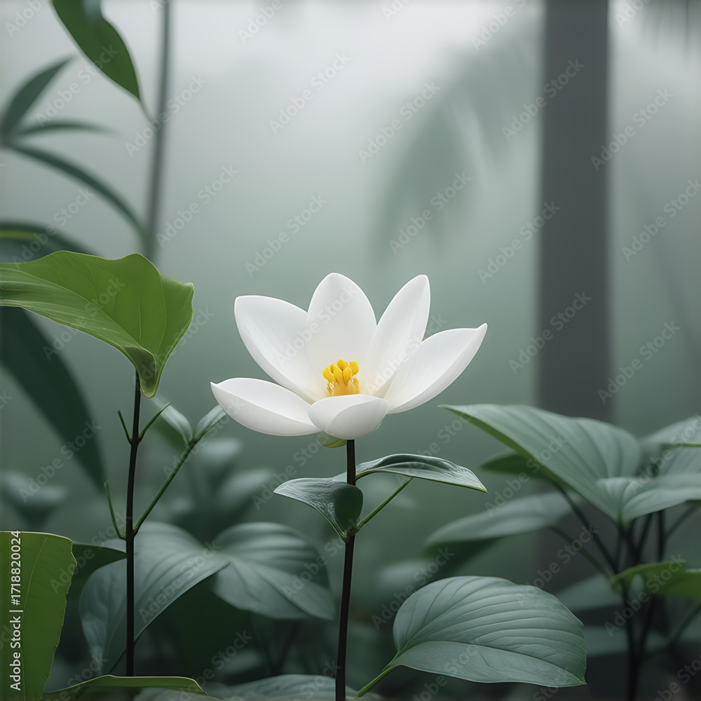 Obraz premium White Lotus Flower in Misty Jungle Setting with Green Leaves and Soft Backlight