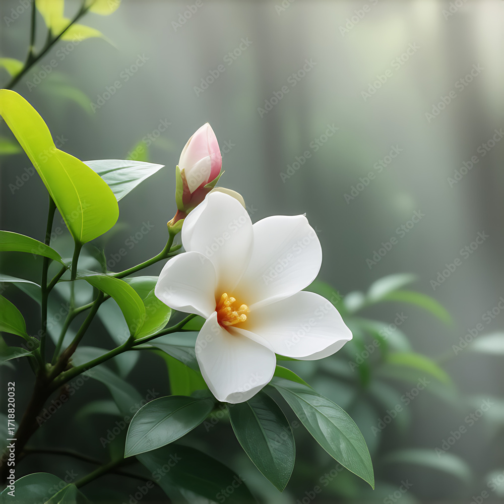 Fototapeta premium White Lotus Flower in Misty Jungle Setting with Green Leaves and Soft Backlight