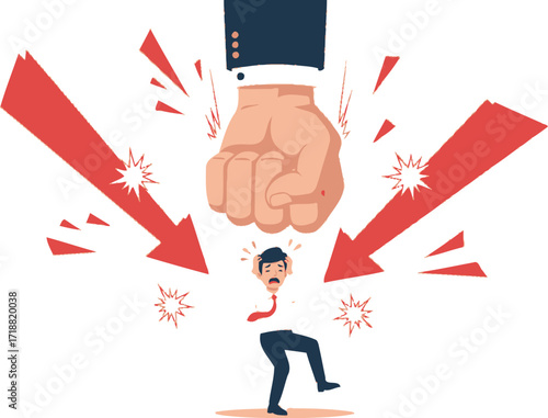Man overwhelmed by immense pressure and impending doom, symbolized by a giant fist and red arrows.
