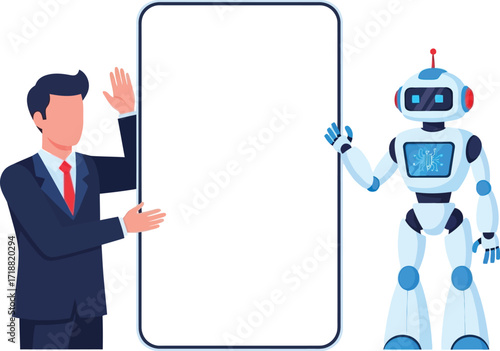 Man and robot presenting a blank digital screen together for futuristic ideas