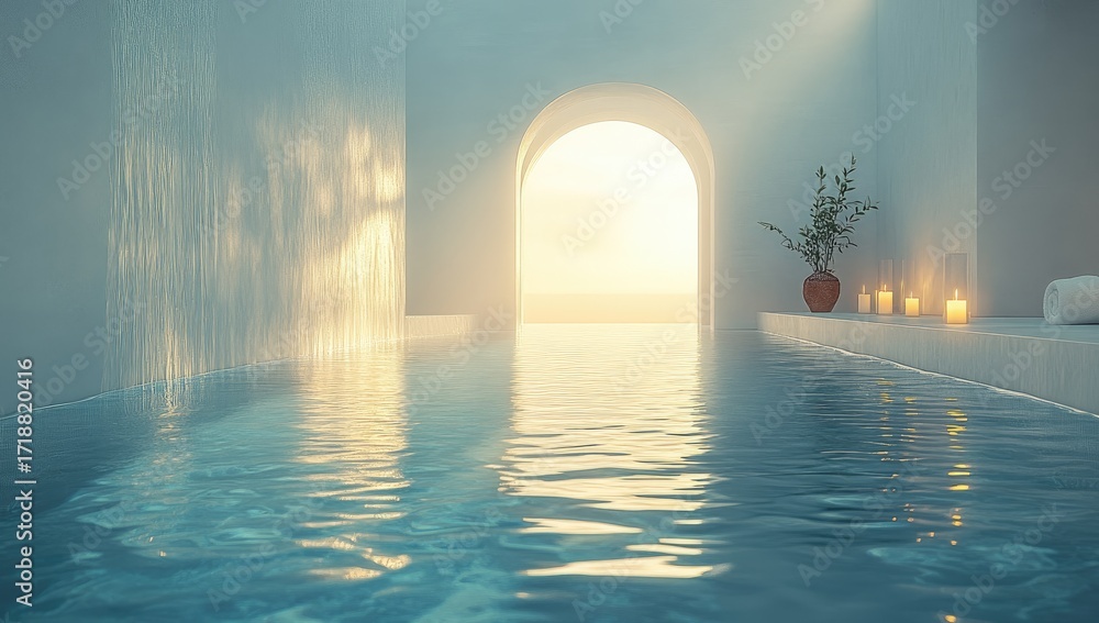 Fototapeta premium Serene Indoor Pool with Archway, Candles, and Plant, Reflecting Light