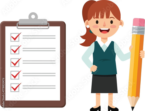 Cheerful woman with giant pencil next to a completed checklist on a clipboard.