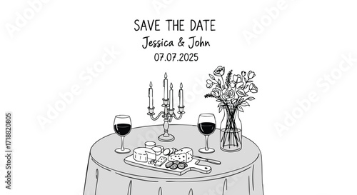 Elegant save the date design for Jessica & John's wedding on July 7, 2025, featuring a romantic table setting with wine, cheese, candles, and flowers.