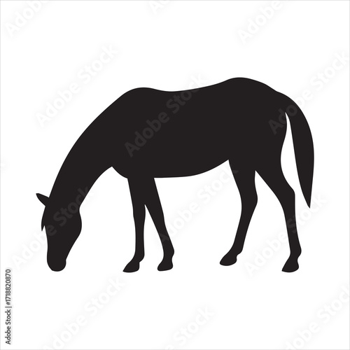 Black silhouette of a horse grazing on a white background