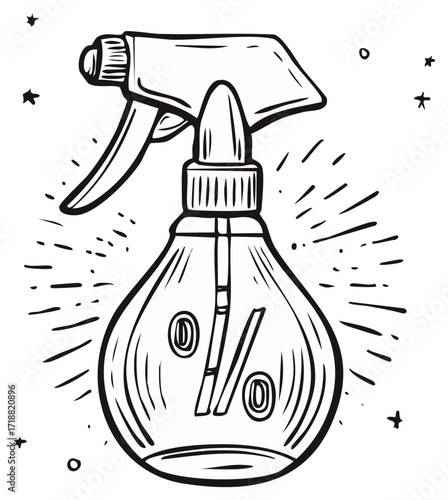Illustration of spray bottle with percentage symbol, hand drawn graphic