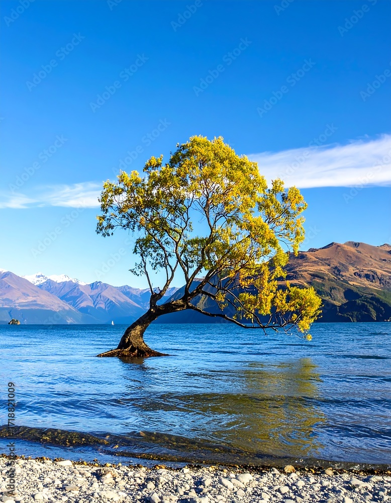 Fototapeta premium A lone, vibrant tree stands in tranquil waters