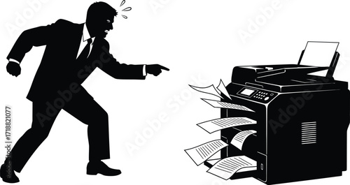 Frustrated businessman angrily pointing at malfunctioning office printer spewing paper