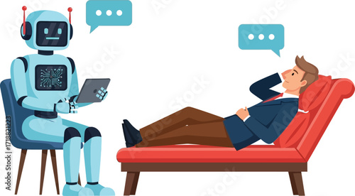 Man in therapy session with helpful AI robot, discussing emotions and mental well-being.