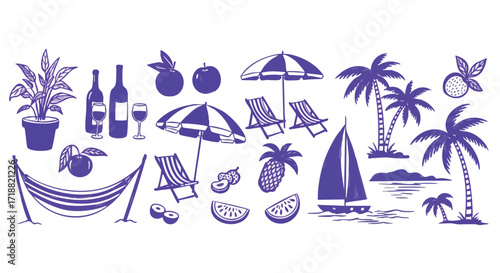 Vibrant summer vacation elements including palm trees, beach chairs, umbrellas, fruit, wine, and a sailboat creating a relaxed tropical getaway vibe.