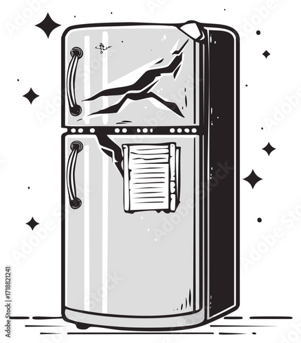 Cracked vintage refrigerator with stars and lines indicating movement and damage