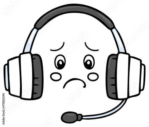 Upset Cartoon Emoticon Face Wearing Headset with Microphone, Sad Customer Support Concept Illustration