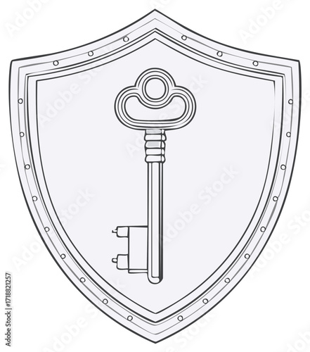 Vintage skeleton key on a riveted shield security emblem line art illustration