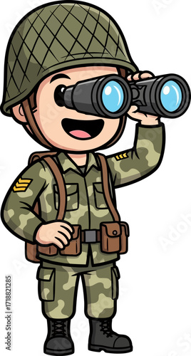 cartoon soldiers keen observation a scouting expedition, isolated on transparent background